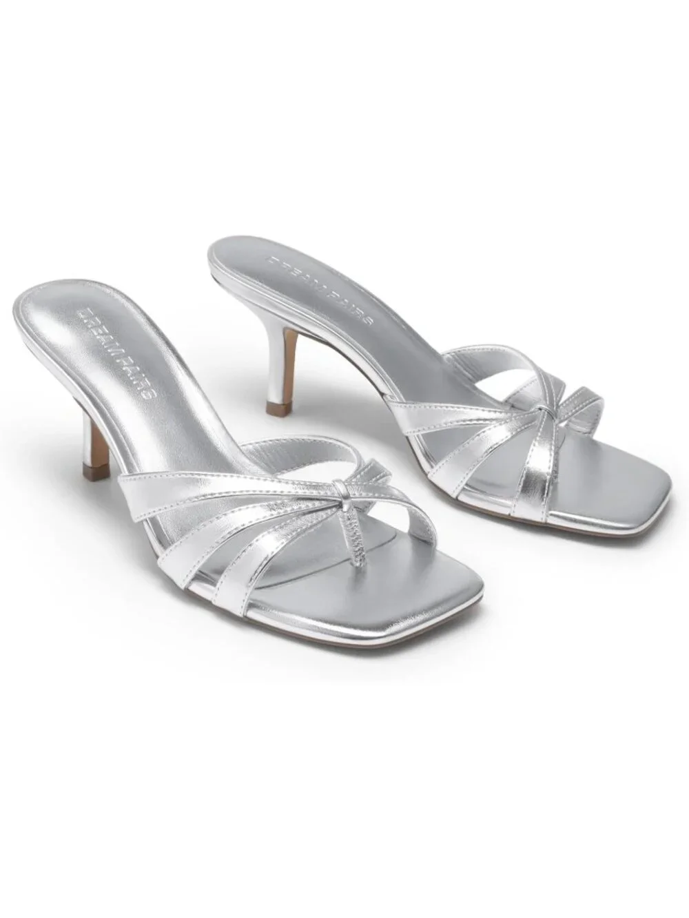 Women's Silver Faux Leather Square Open Toe Thong Mules Strappy Kitten Heels